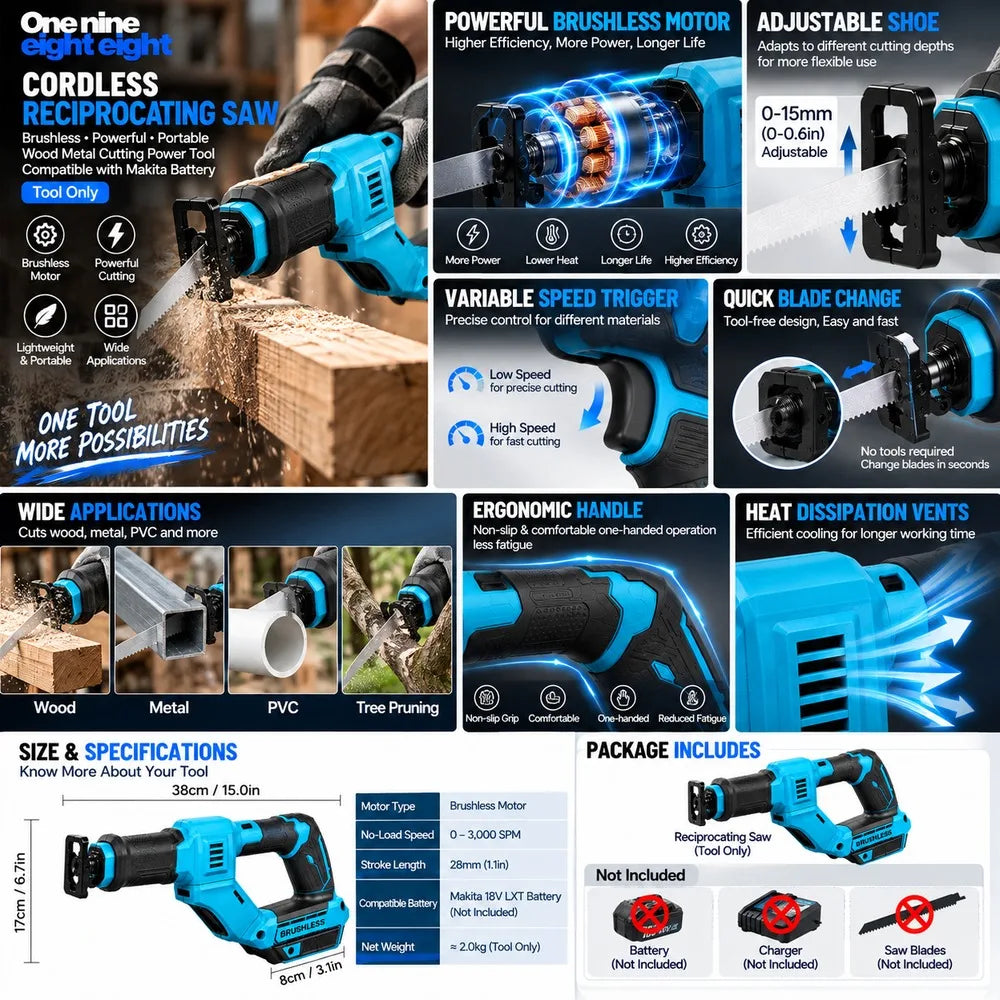 Brushless Cordless Reciprocating Saw – Makita Compatible