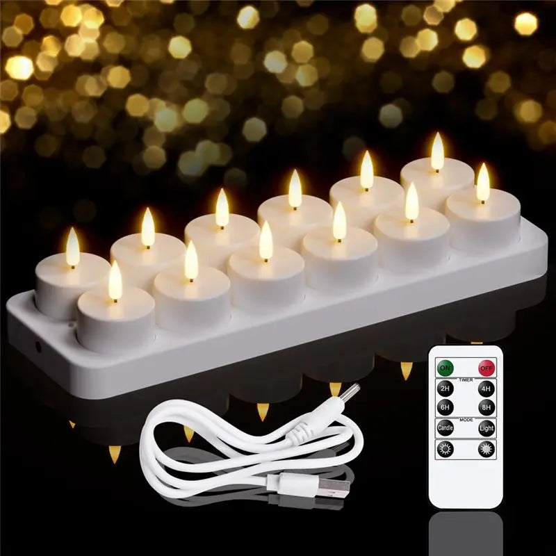 Rechargeable LED Tea Lights with Remote & Charging Base (12 Pack)