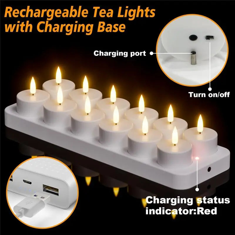 Rechargeable LED Tea Lights with Remote & Charging Base (12 Pack)