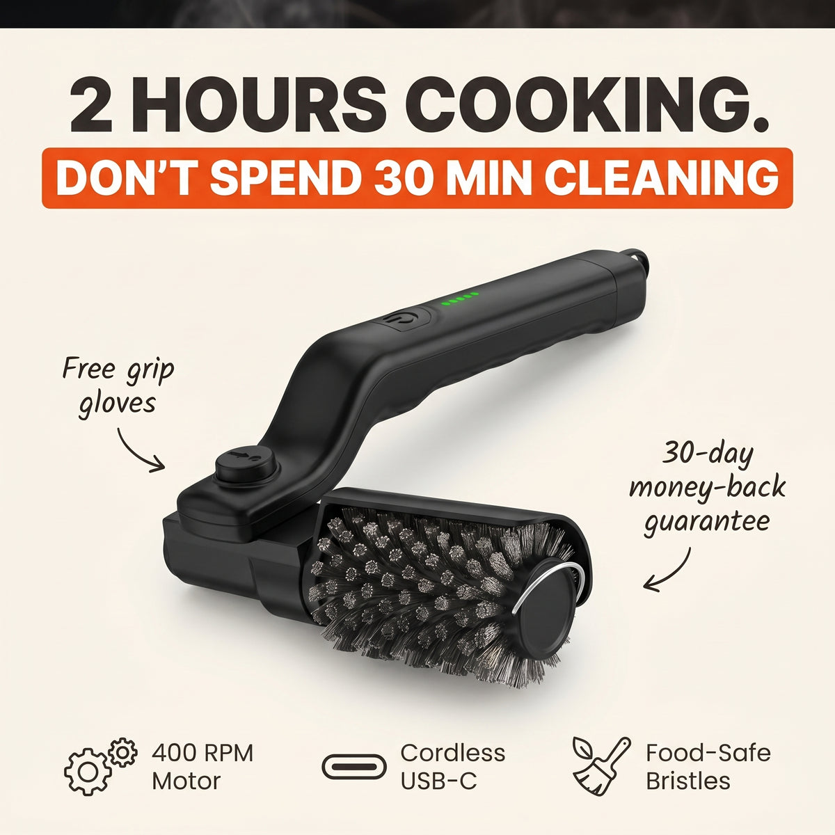 GrillMaster Pro electric grill brush hero - clean your grill in 5 minutes not 30