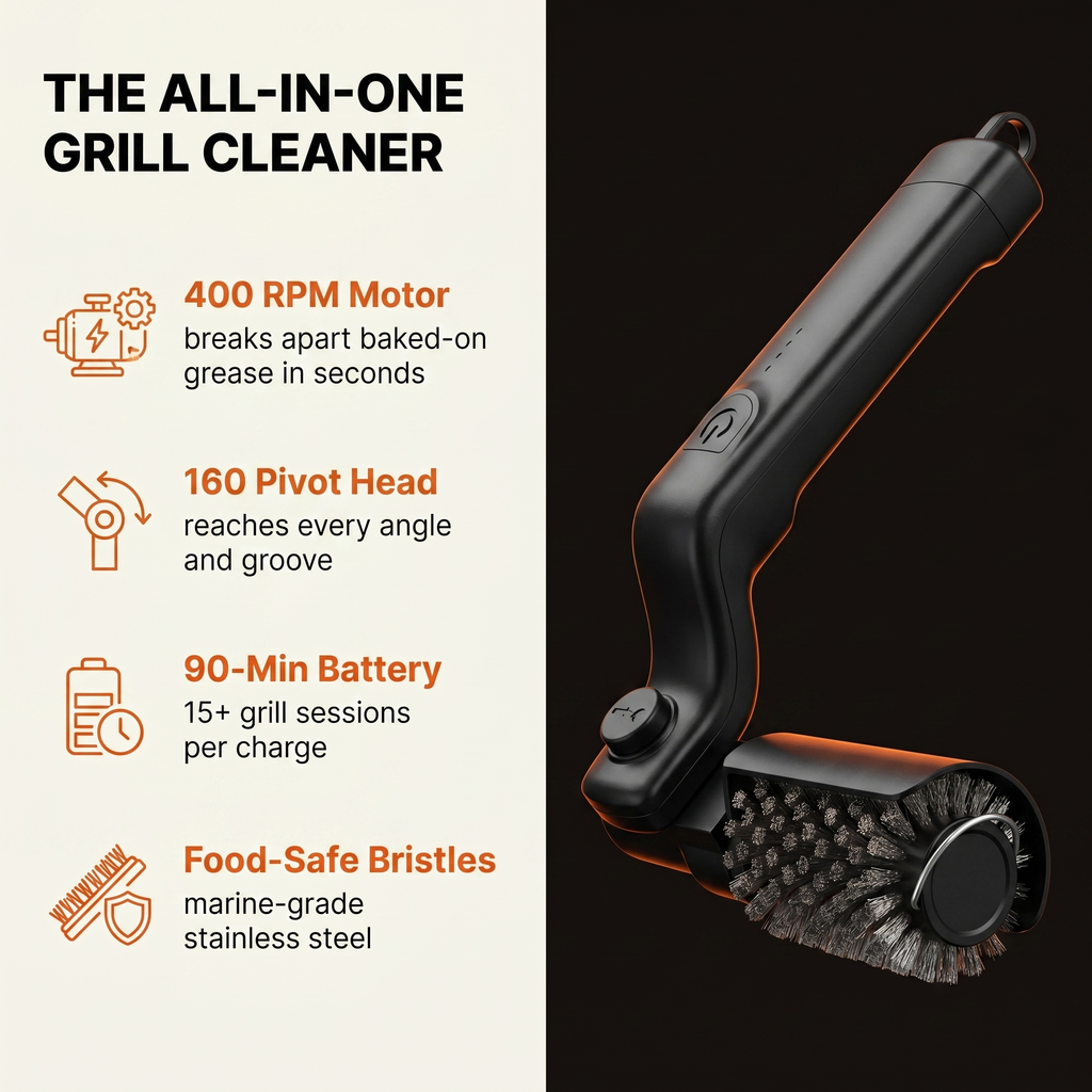GrillMaster Pro features - 400 RPM motor, 160 degree pivot head, 90 minute battery, food-safe bristles